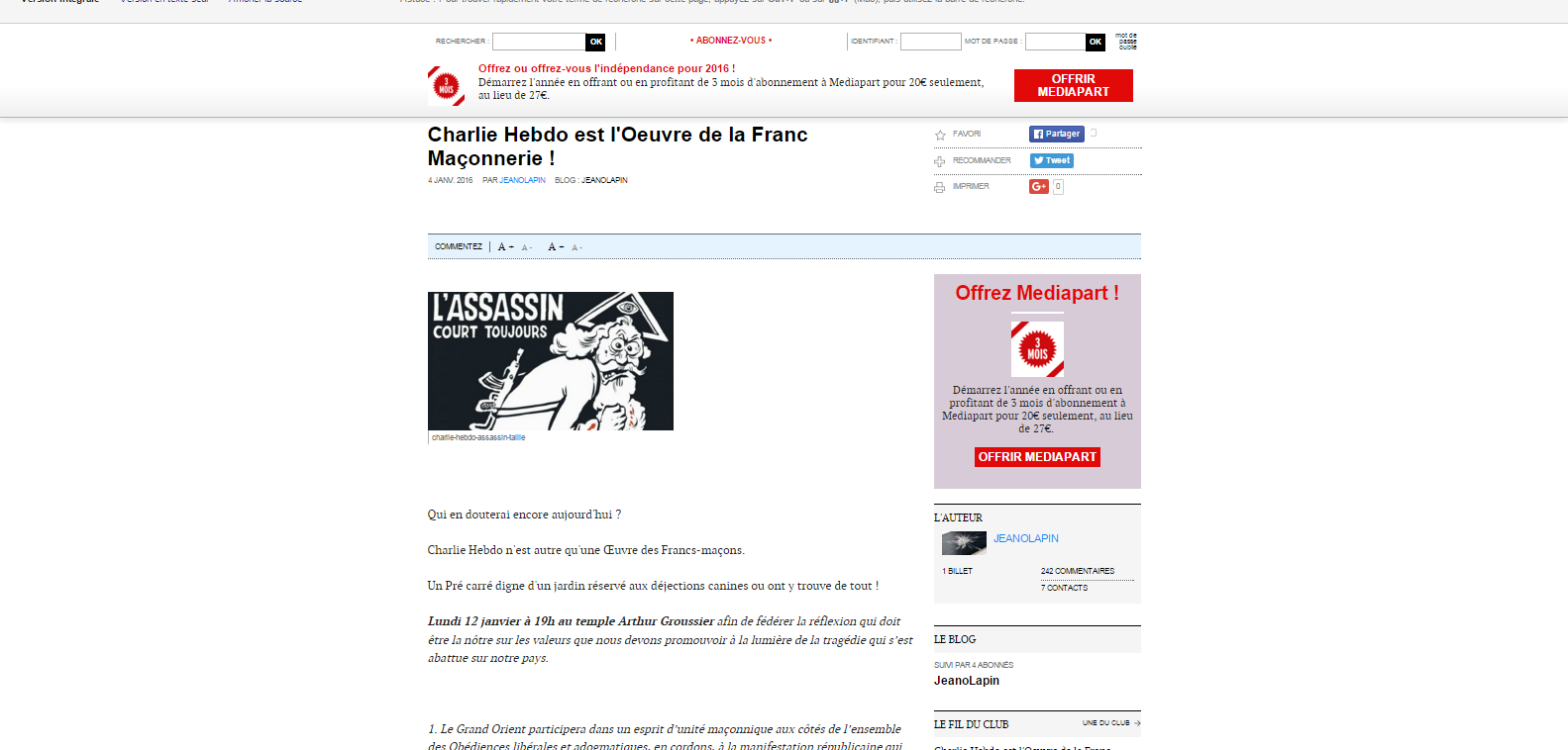 Charlie Hebdo est l Oeuvre de la Franc Maçonnerie     Blog   Le Club de Mediapart