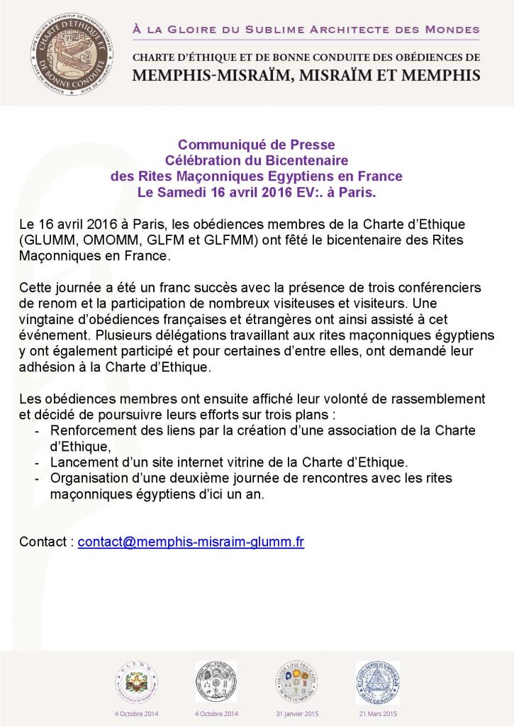 Communiqué de Presse Charte d'Ethique 2016 - Bicentenaire