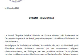 LE GRAND CHAPITRE FÉMININ DE FRANCE RÉAGIT A L’ELECTION DE DE JAIR BOLSONARO