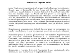 NOTRE DAME DE PARIS – LETTRE DE LA GLNF AUX GRANDES LOGE EN AMITIÉ