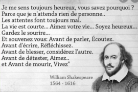 SHAKESPEARE : « JE ME SENS TOUJOURS HEUREUX »