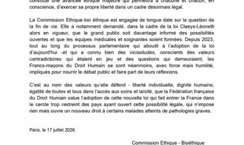 LE DROIT HUMAIN SALUE L’ADOPTION DU DROIT À L’AIDE À MOURIR